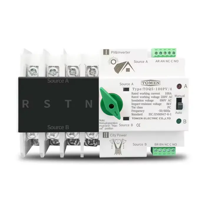 ATS Interruttore automatico di trasferimento alimentazione - Automatic Transfer Switch - specifico per impianto Fotovoltaici - TOMZN 4Poli 125A - 8ms tempo switch